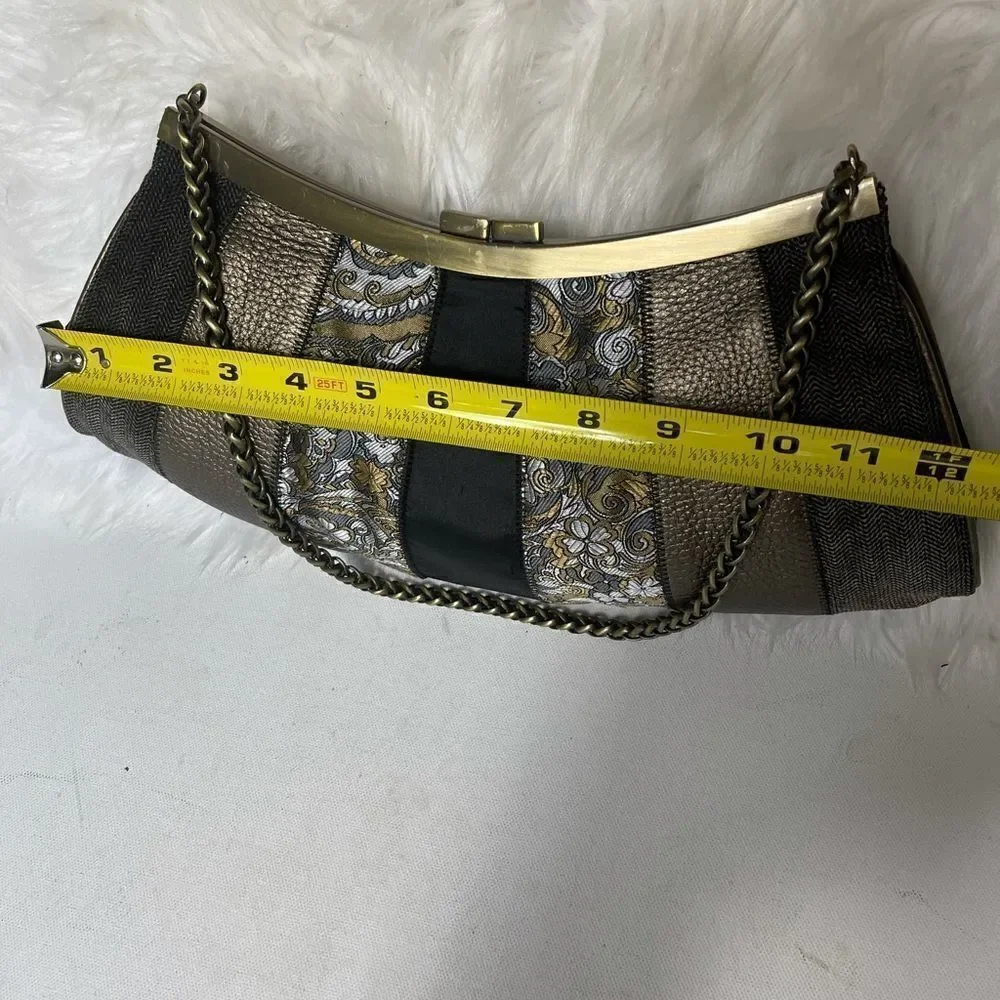Talbots vintage black,copper & gray clutch with  a rustic gold tone chain